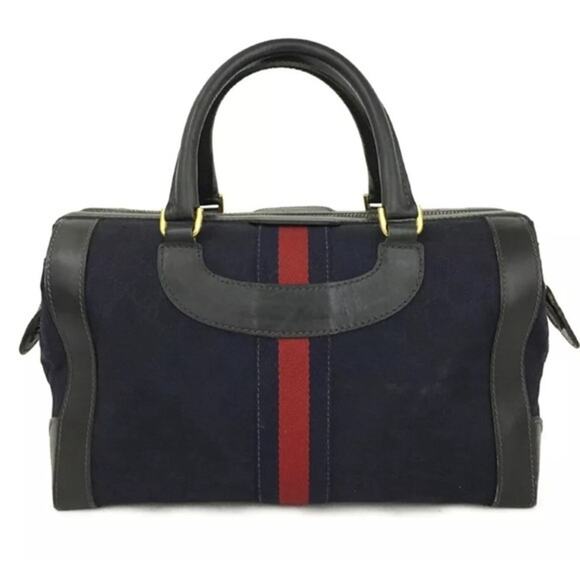 Authentic COA Vintage GUCCI Navy Blue GG Web Boston Top Handle Satchel Bag - Picture 1 of 14